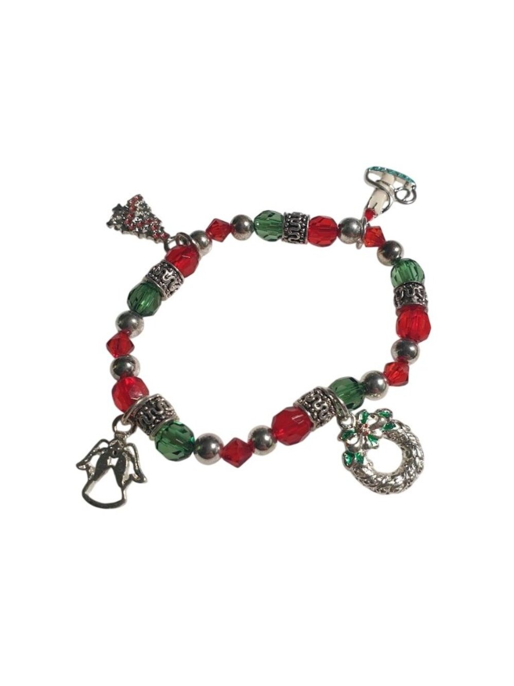 Christmas Charm Stretch Red Green Beaded Bracelet Crystal Wreath Angel Tree